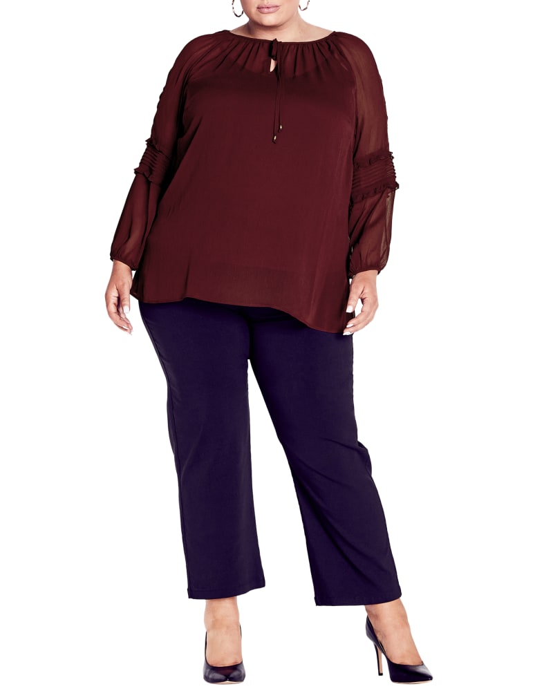 Front of a model wearing a size 20 BLOUSE ROMANTIC in Bordeaux by Arna York. | dia_product_style_image_id:302890